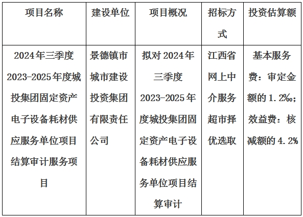 2024年三季度2023-2025年度城投集團固定資產(chǎn)電子設備耗材供應服務單位項目結算審計服務項目計劃公告