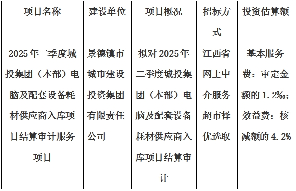 2025年二季度城投集團（本部）電腦及配套設備耗材供應商入庫項目結算審計服務項目計劃公告