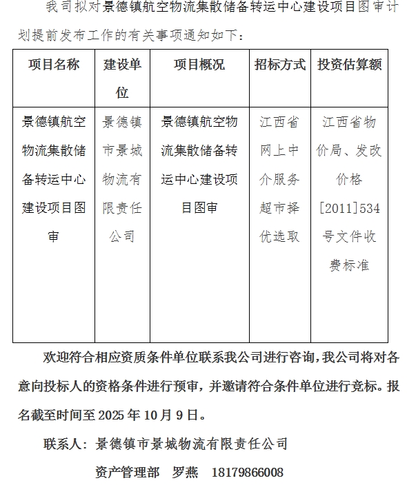 景德鎮航空物流集散儲備轉運中心建設項目圖審計劃公告