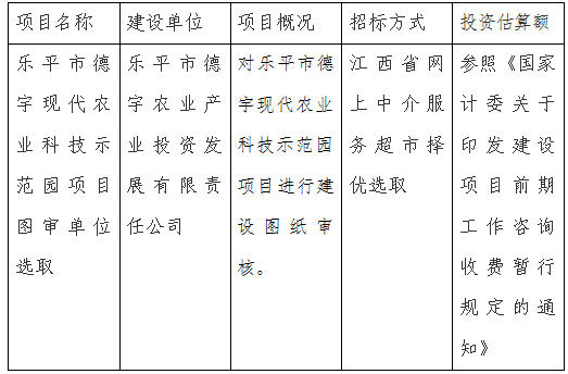 樂平市德宇現代農業科技示范園項目圖審單位選取項目計劃公告