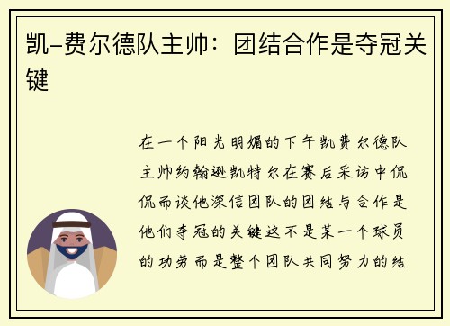 凯-费尔德队主帅：团结合作是夺冠关键