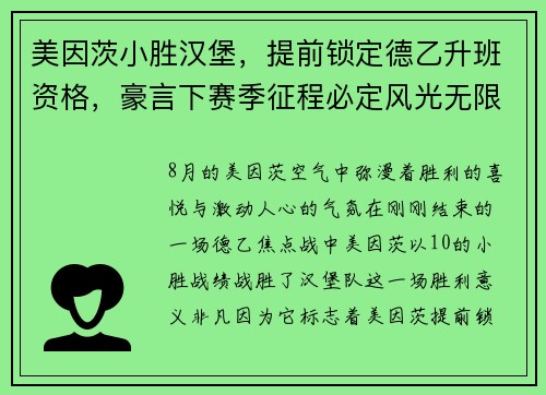 美因茨小胜汉堡，提前锁定德乙升班资格，豪言下赛季征程必定风光无限